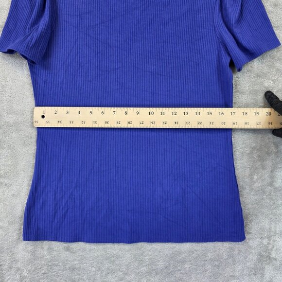 Express Shirt Womens Large Blue Ribbed Short Sleeve Puff Shoulder Stretch Rayon - Picture 6 of 11
